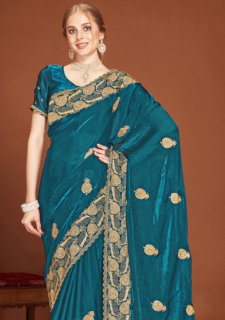 Teal Blue Sequence Work Silk Saree Set - Indya