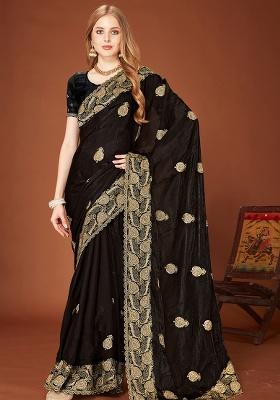 Black Sequence Work Silk Saree Set