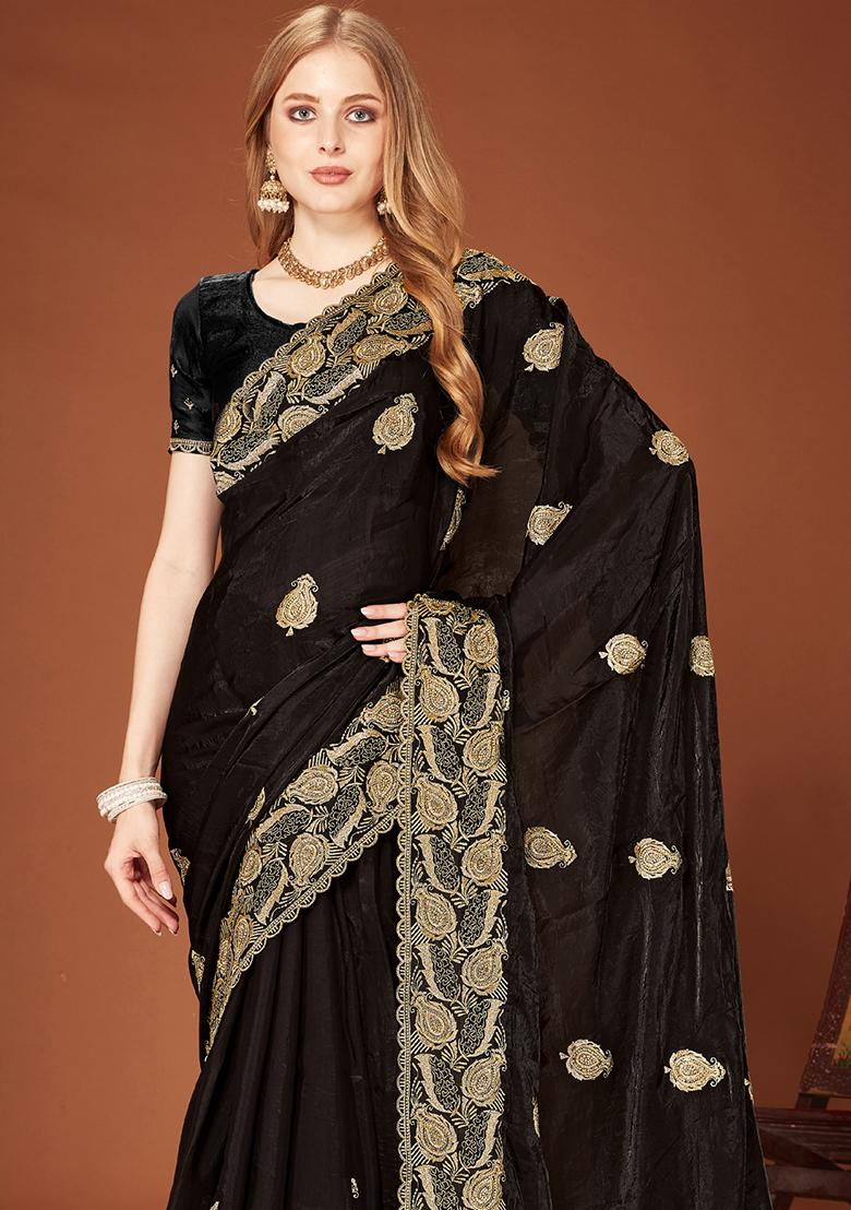 Black Sequence Work Silk Saree Set - Indya