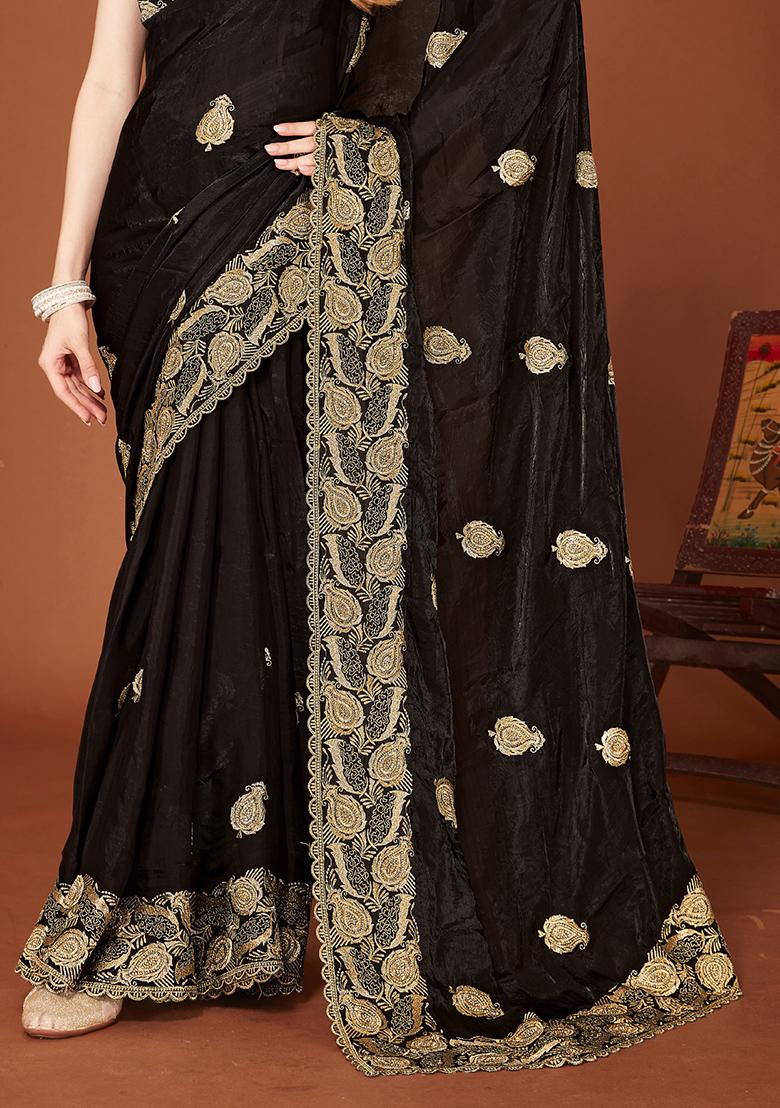 Black Sequence Work Silk Saree Set - Indya