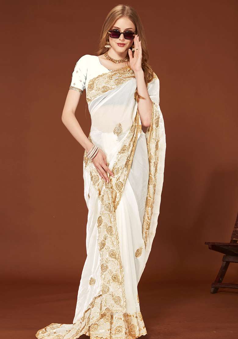 White Sequence Work Silk Blend Saree Set for Diwali and Festive Wear - Indya