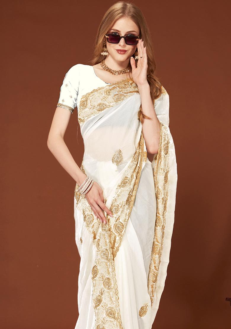 White Sequence Work Silk Saree Set - Indya