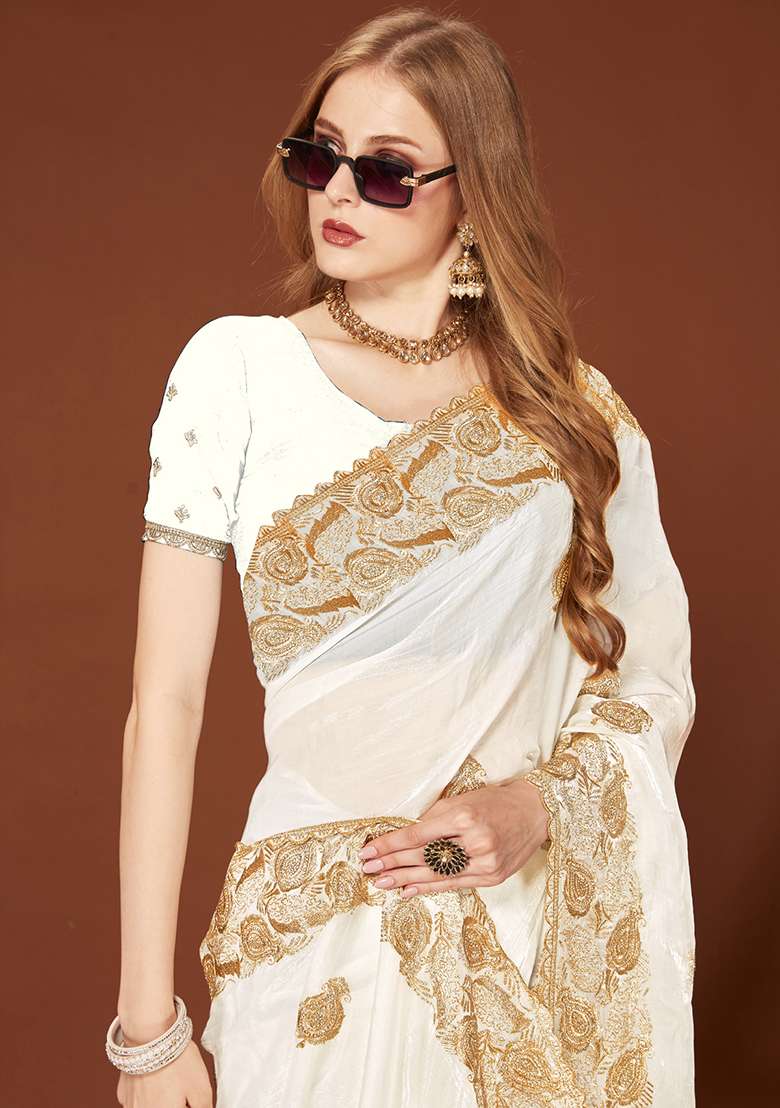 White Sequence Work Silk Blend Saree Set for Diwali and Festive Wear - Indya
