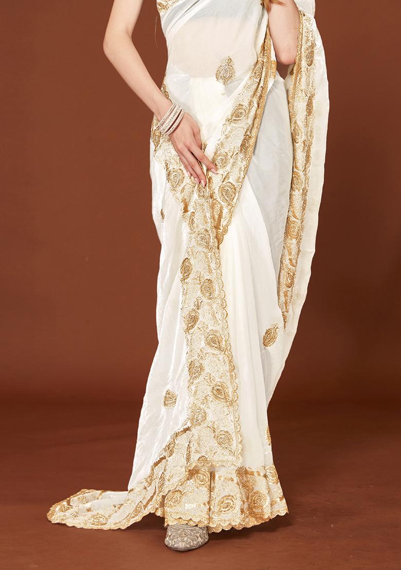 White Sequence Work Silk Saree Set - Indya