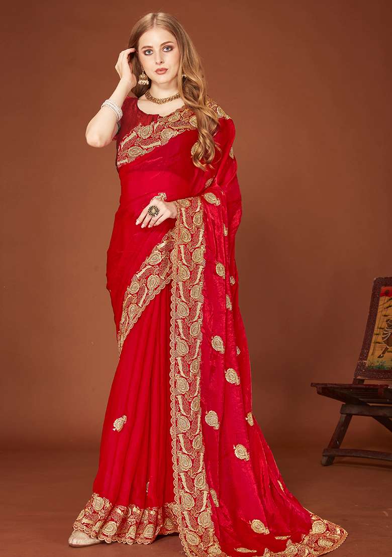 Red Sequence Work Silk Blend Saree Set for Diwali and Festive Wear - Indya