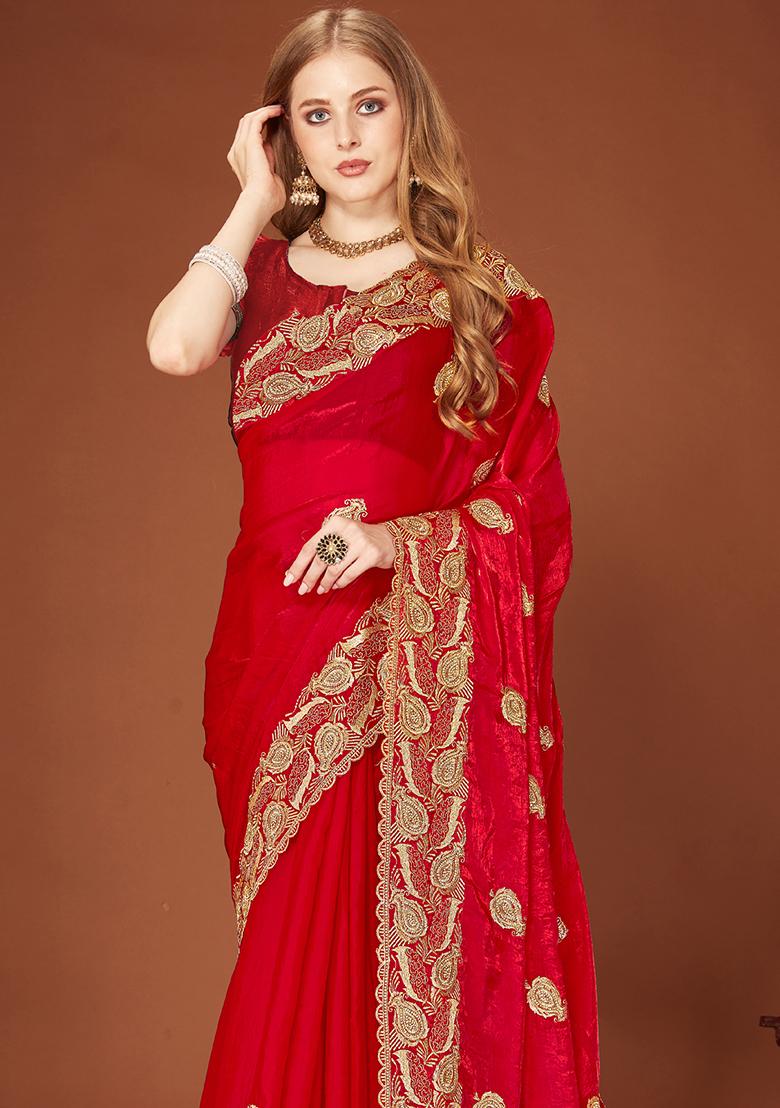 Red Sequence Work Silk Saree Set - Indya