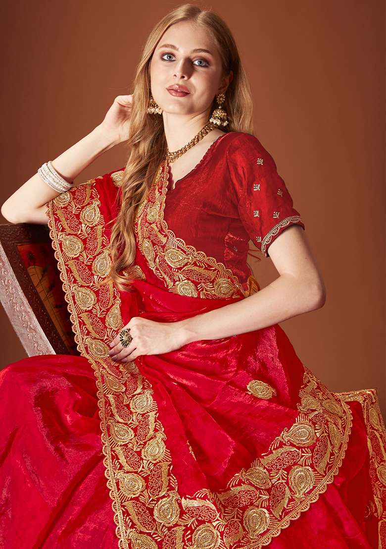 Red Sequence Work Silk Blend Saree Set for Diwali and Festive Wear - Indya