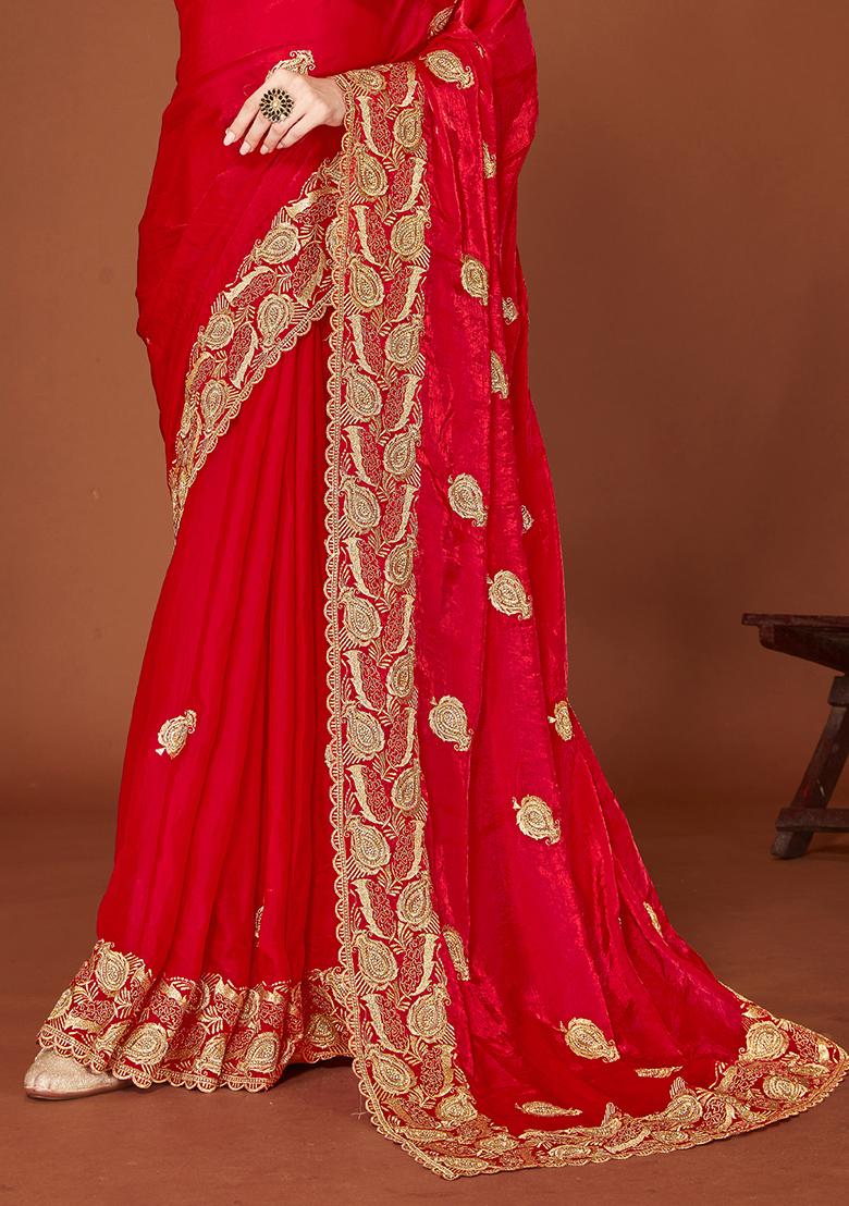 Red Sequence Work Silk Saree Set - Indya
