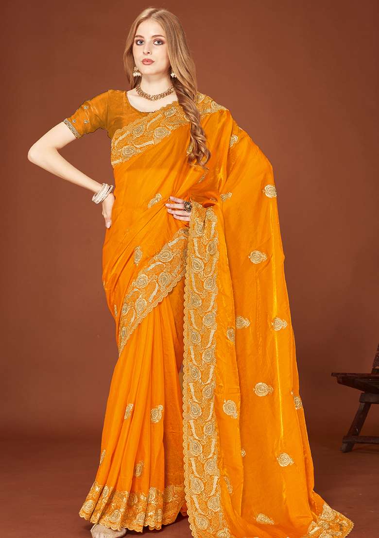 Mustard Sequence Work Silk Blend Saree Set for Diwali | Wedding & Festive Wear - Indya