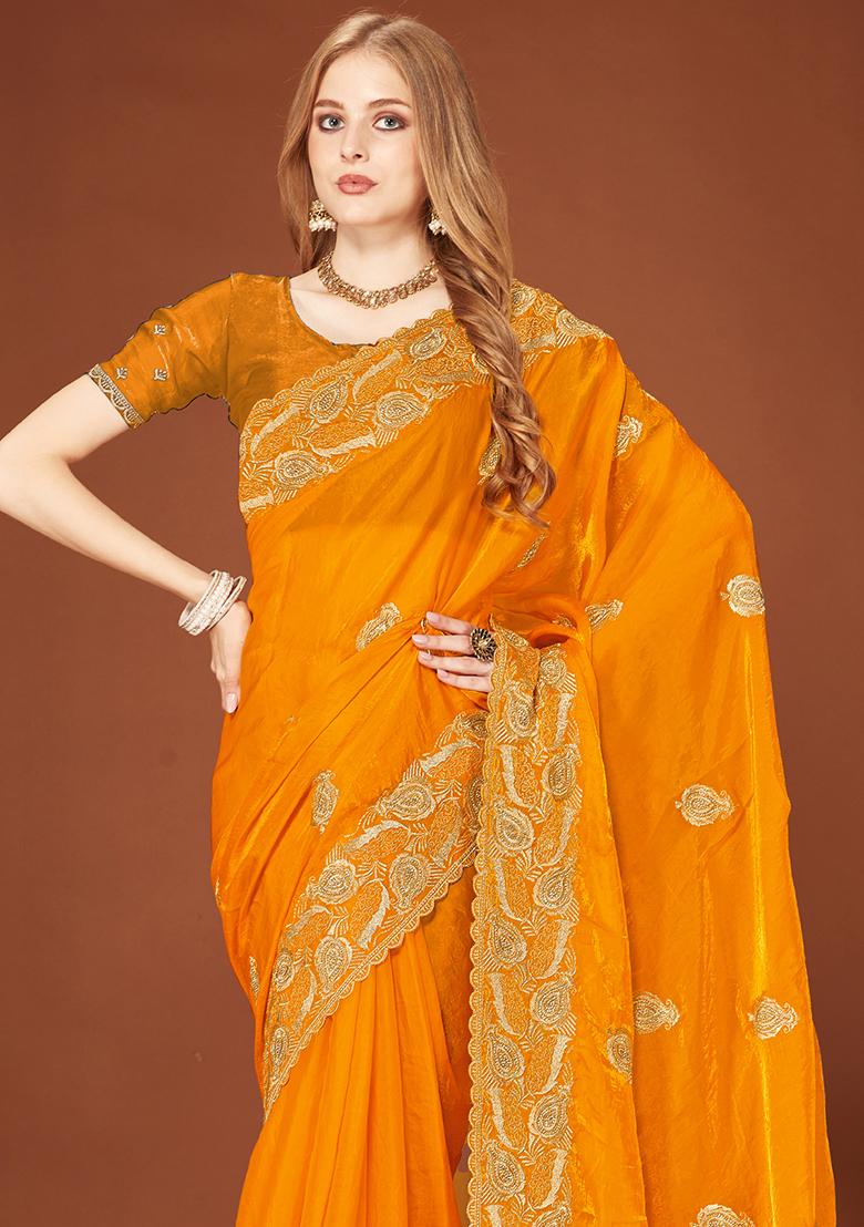 Mustard Sequence Work Silk Saree Set - Indya