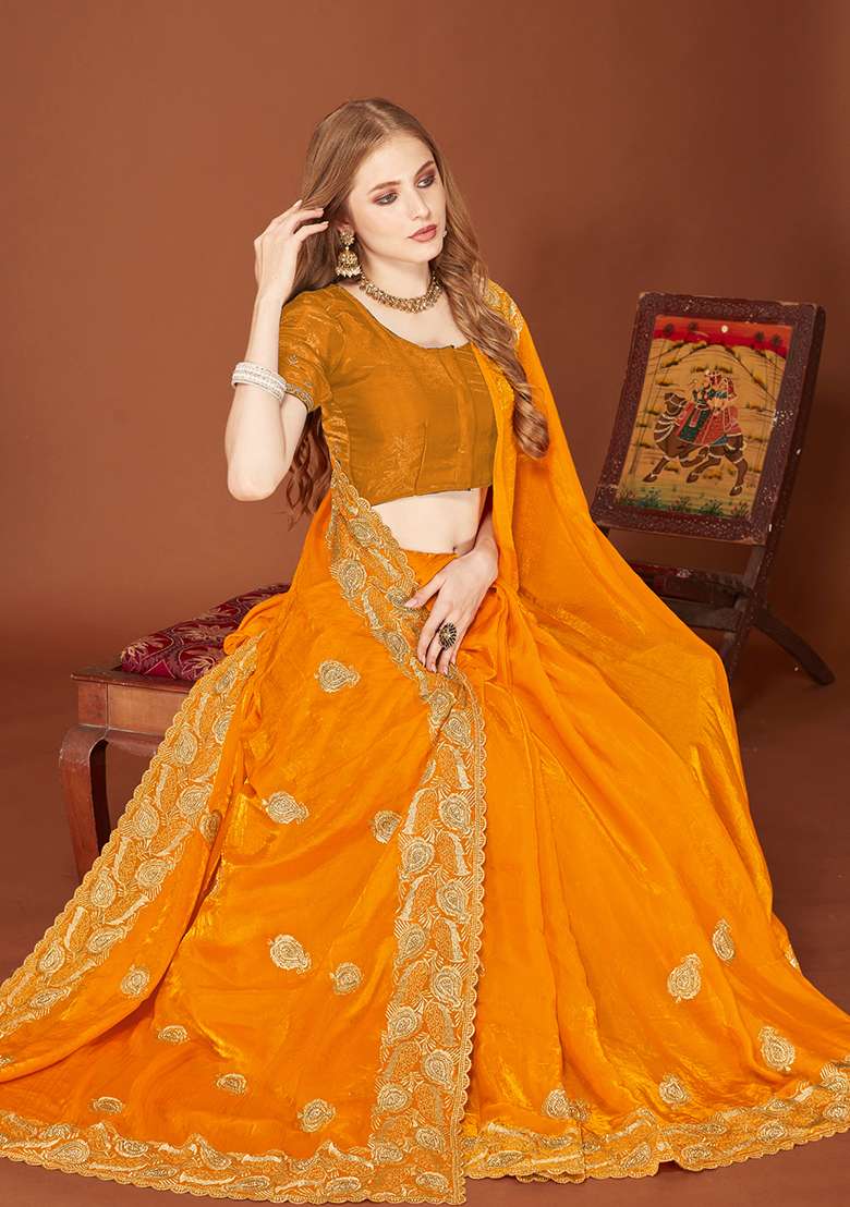 Mustard Sequence Work Silk Blend Saree Set for Diwali | Wedding & Festive Wear - Indya