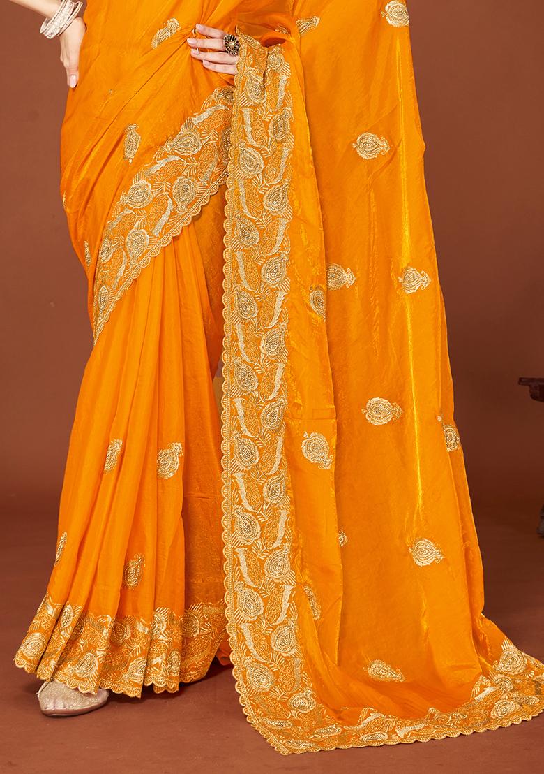 Mustard Sequence Work Silk Saree Set - Indya