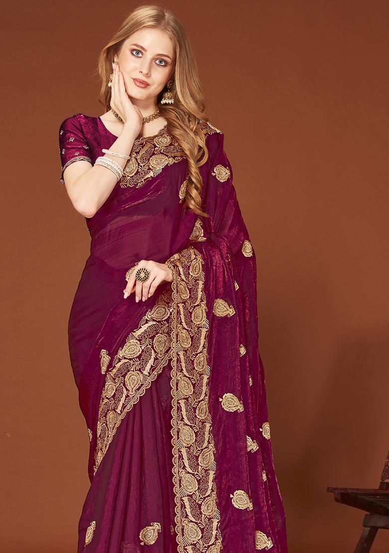 Wine Sequence Work Silk Saree Set - Indya