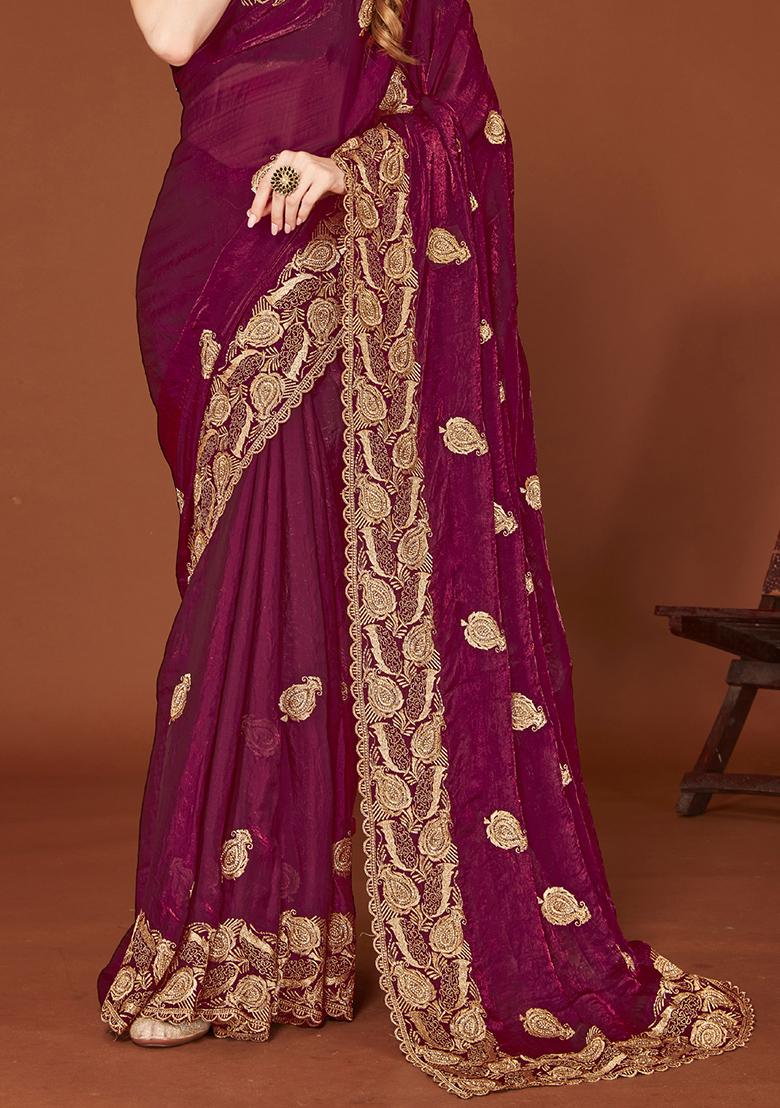 Wine Sequence Work Silk Saree Set - Indya