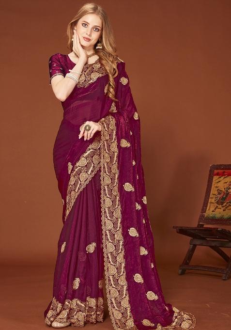 Wine Sequence Work Silk Saree Set