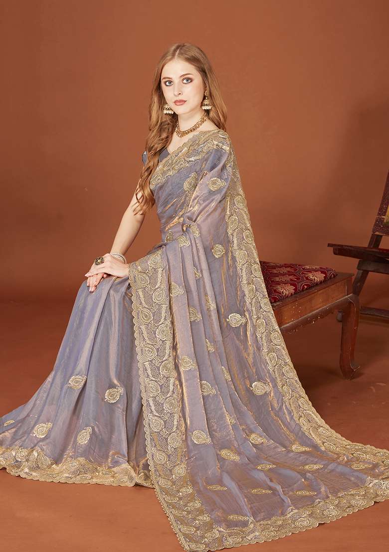 Grey Sequence Work Silk Blend Saree Set for Diwali and Festive Wear - Indya