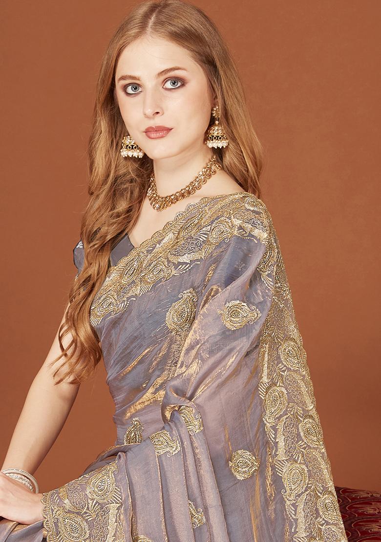 Grey Sequence Work Silk Saree Set - Indya