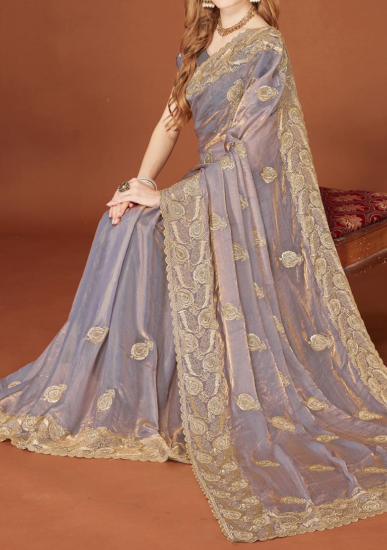 Grey Sequence Work Silk Saree Set - Indya