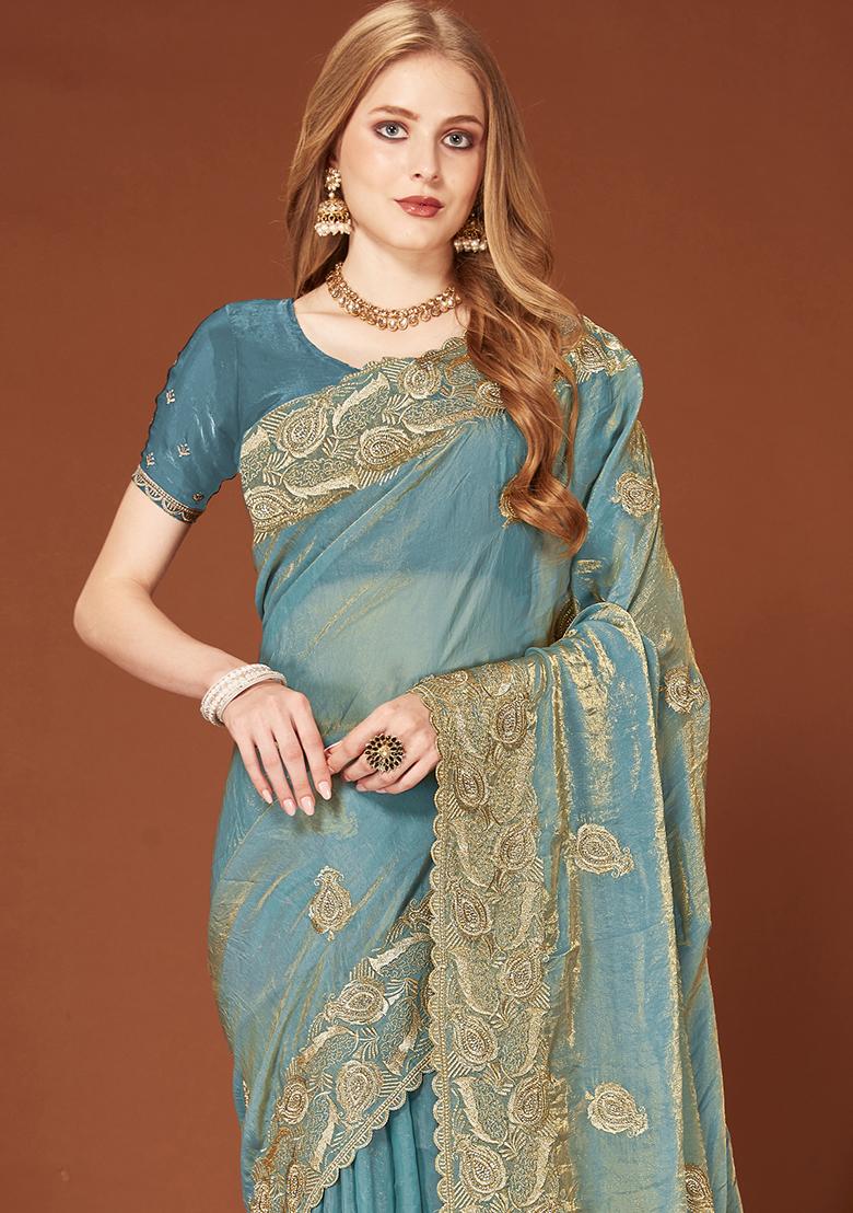 Turquoise Sequence Work Silk Saree Set - Indya