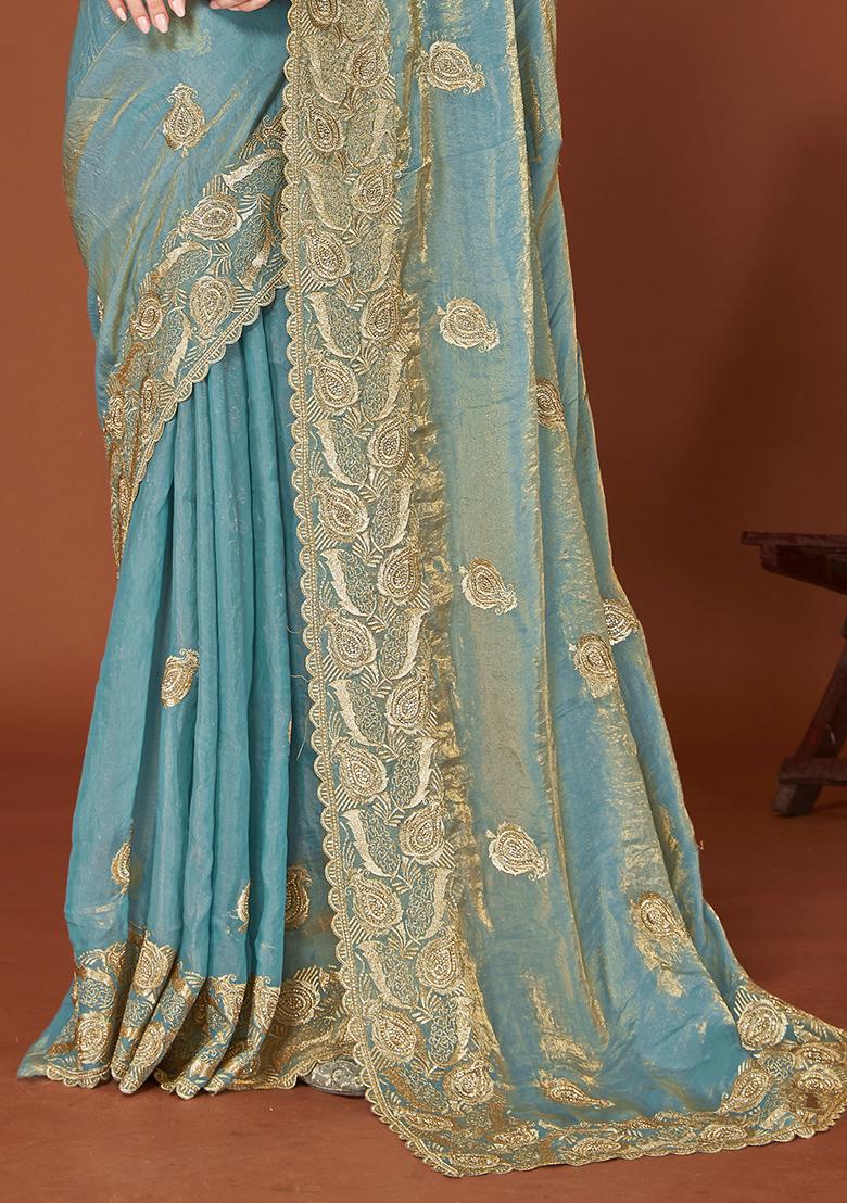 Turquoise Sequence Work Silk Saree Set - Indya