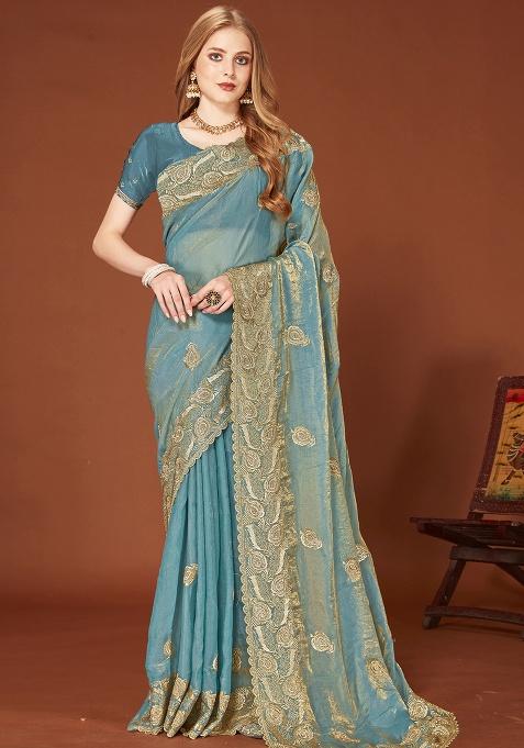 Turquoise Sequence Work Silk Saree Set