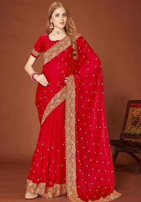 Red Sequence Work Silk Saree Set