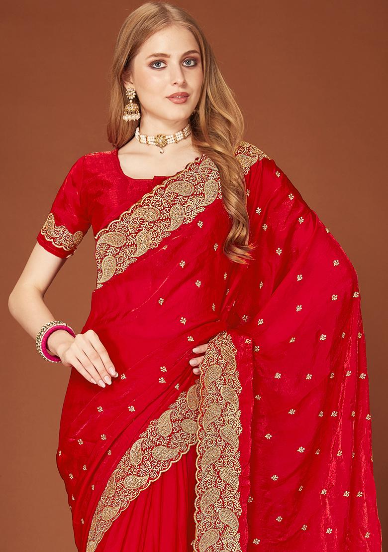 Red Sequence Work Silk Saree Set - Indya