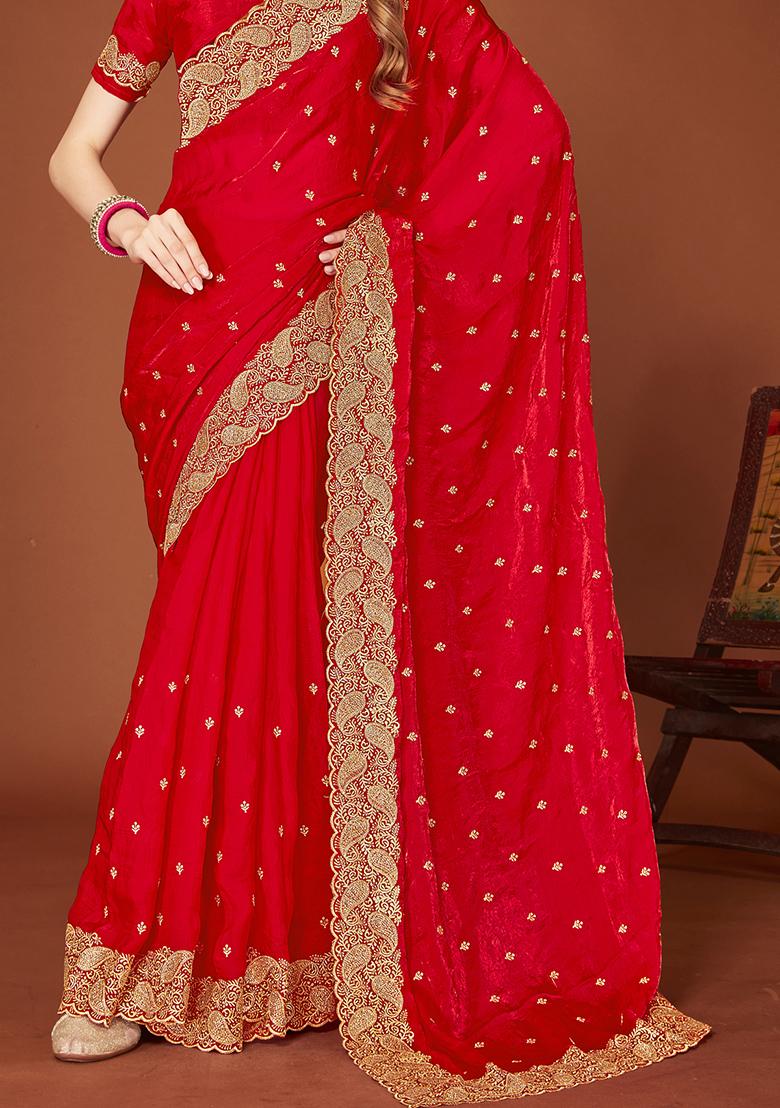 Red Sequence Work Silk Saree Set - Indya