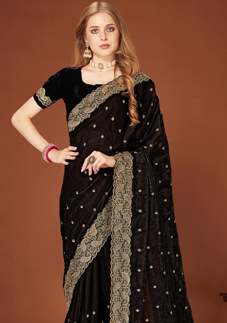 Black Sequence Work Silk Saree Set - Indya