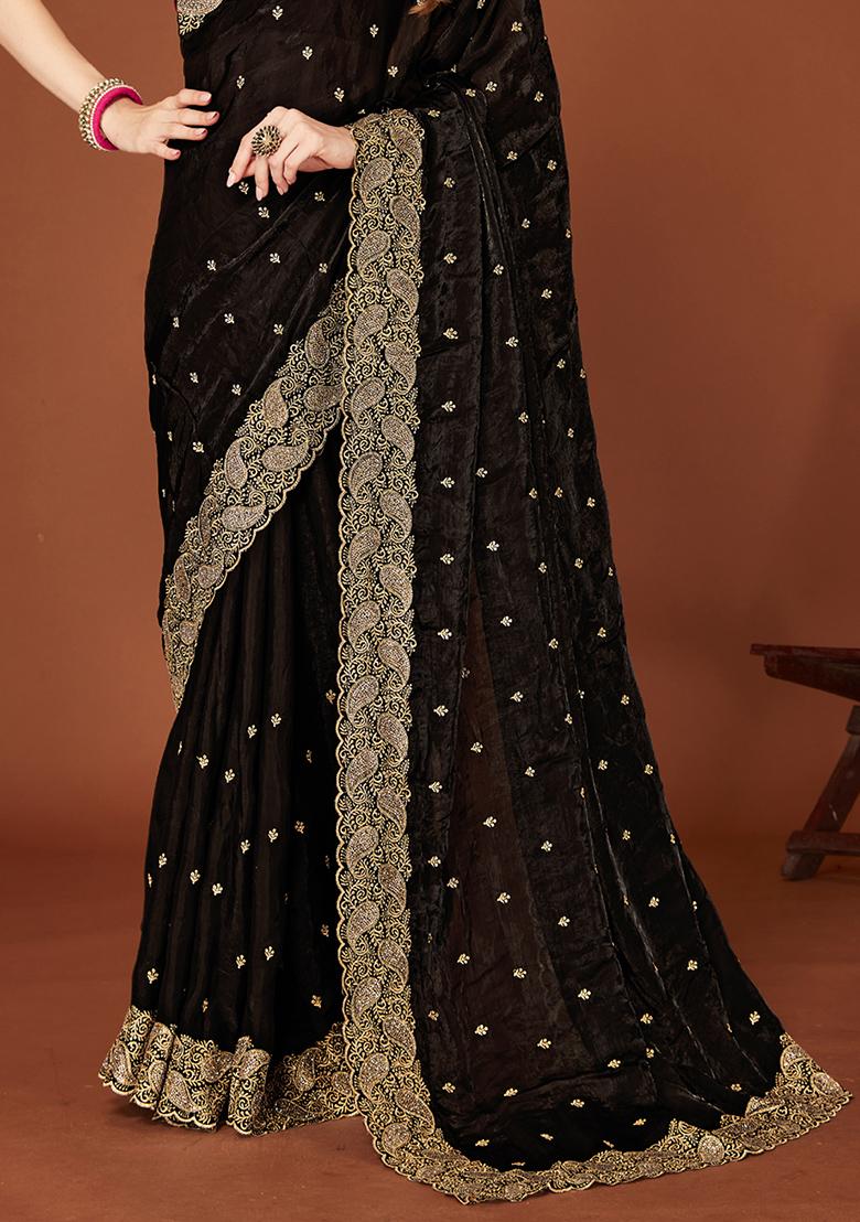 Black Sequence Work Silk Saree Set - Indya