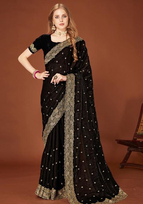Black Sequence Work Silk Saree Set