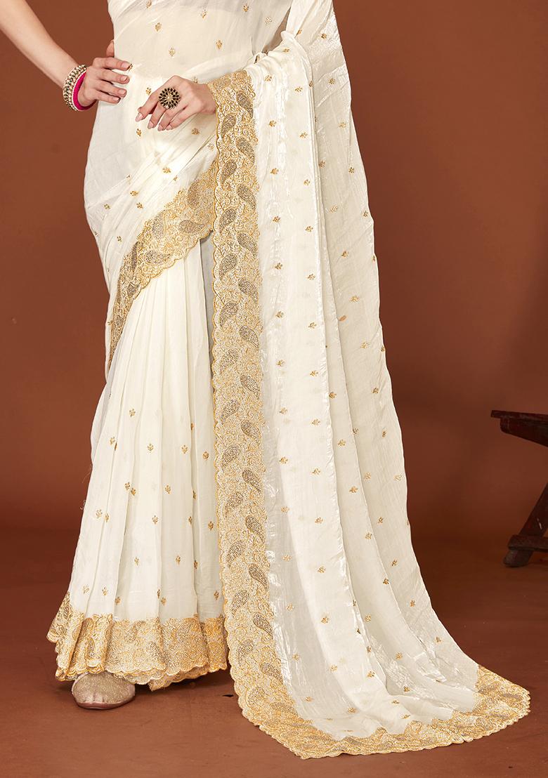 White Sequence Work Silk Saree Set - Indya