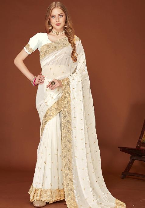 White Sequence Work Silk Saree Set