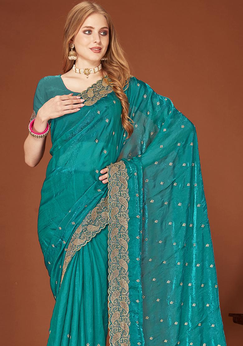 Teal Blue Sequence Work Silk Saree Set - Indya