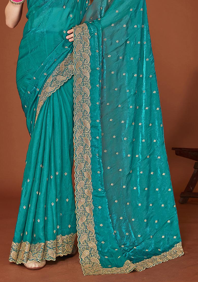 Teal Blue Sequence Work Silk Saree Set - Indya
