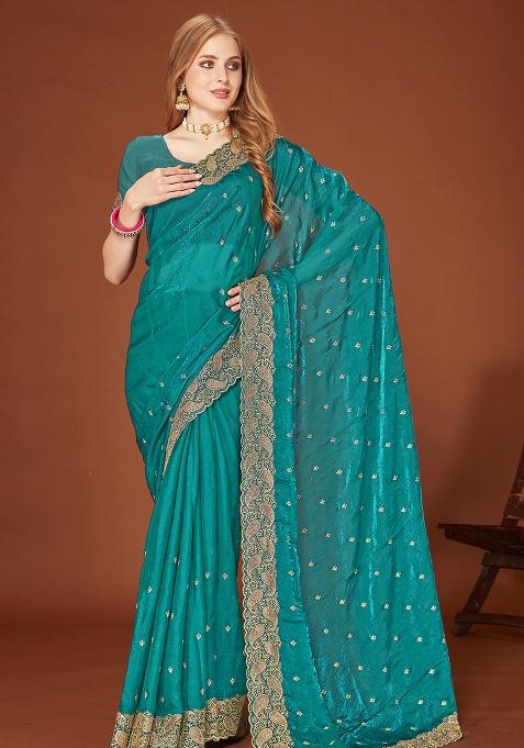 Teal Blue Sequence Work Silk Saree Set