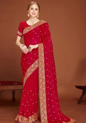 Magenta Sequence Work Silk Saree Set