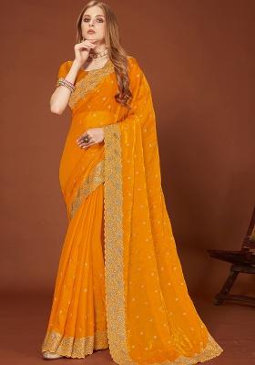 Mustard Sequence Work Silk Saree Set