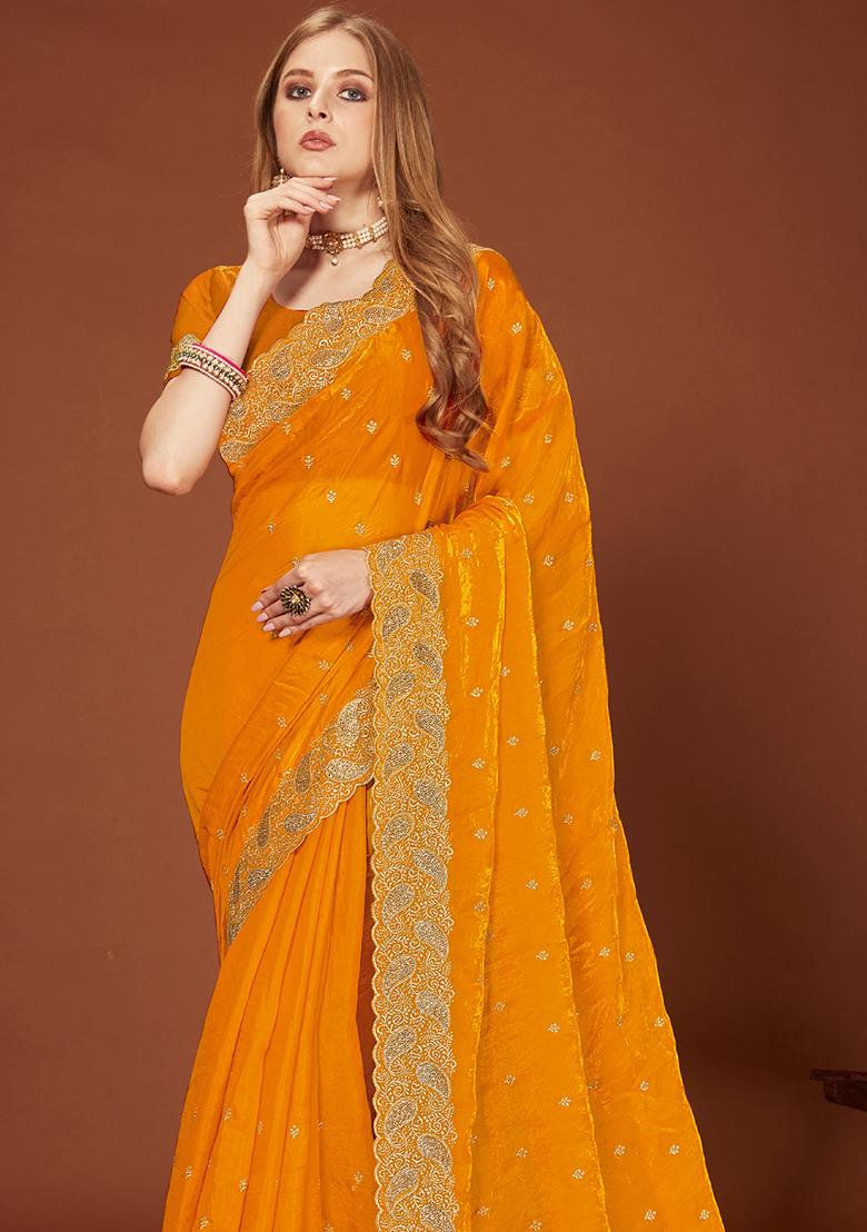 Mustard Sequence Work Silk Saree Set - Indya