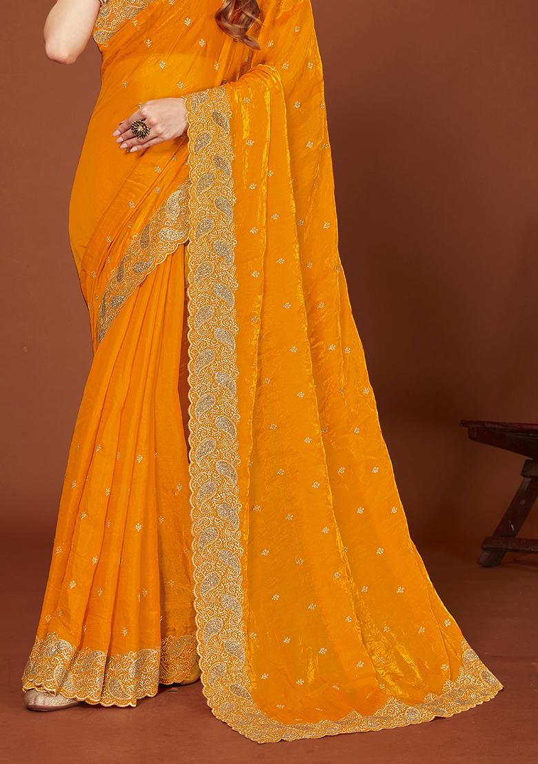Mustard Sequence Work Silk Saree Set - Indya