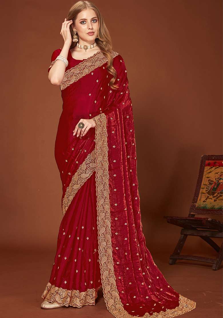 Maroon Sequence Work Silk Blend Saree Set for Diwali | Wedding & Festive Wear - Indya