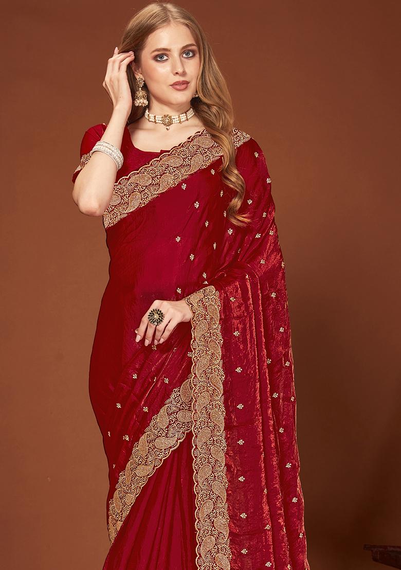 Maroon Sequence Work Silk Saree Set - Indya