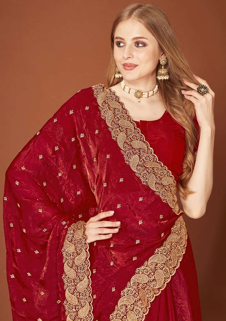Maroon Sequence Work Silk Blend Saree Set for Diwali | Wedding & Festive Wear - Indya