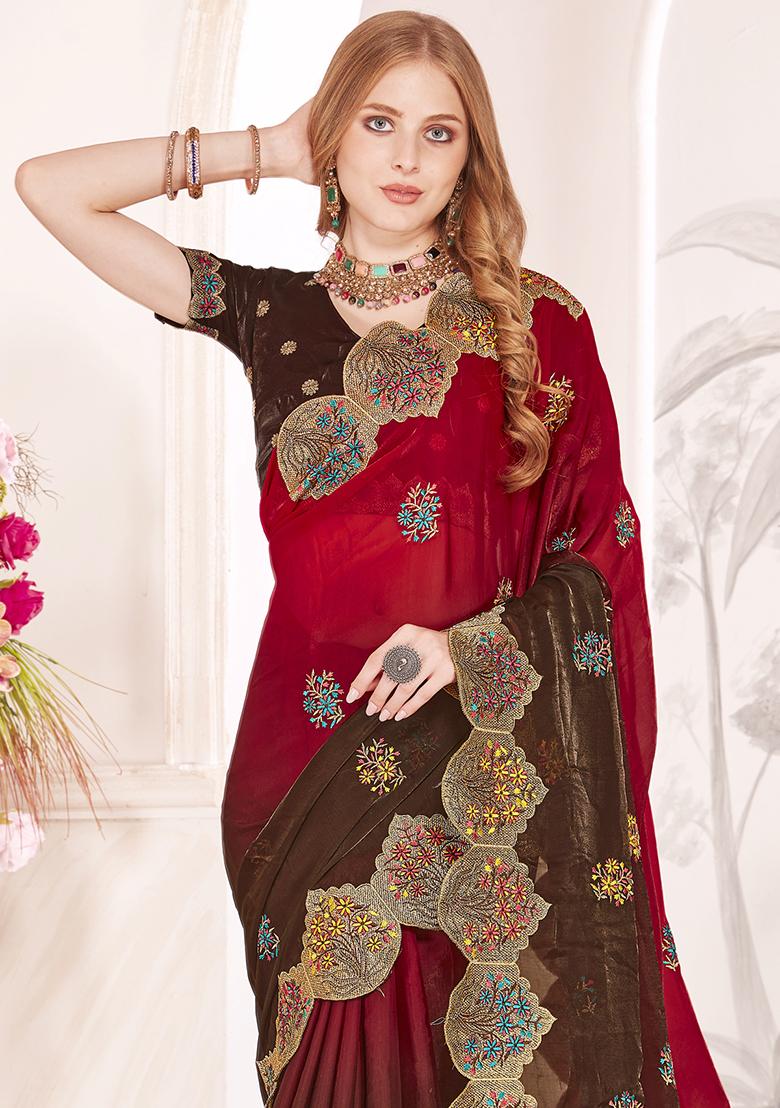 Red Sequence Work Silk Saree Set - Indya