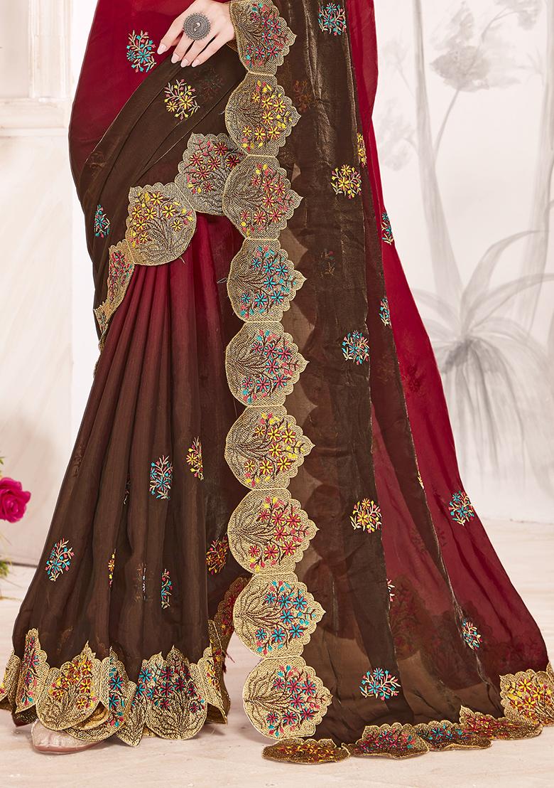 Red Sequence Work Silk Saree Set - Indya