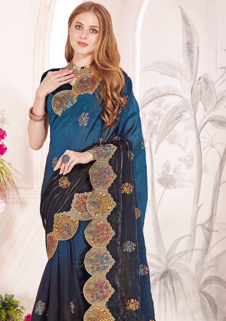Teal Blue Sequence Work Silk Saree Set - Indya