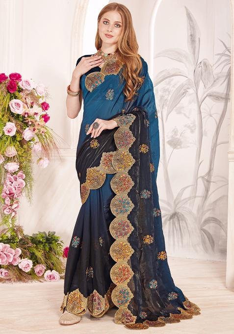 Teal Blue Sequence Work Silk Saree Set