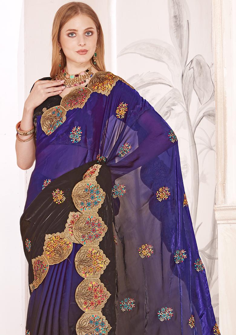 Purple Sequence Work Silk Saree Set - Indya