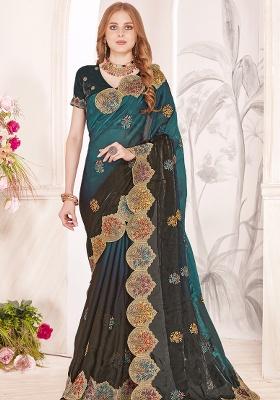 Turquoise Sequence Work Silk Saree Set