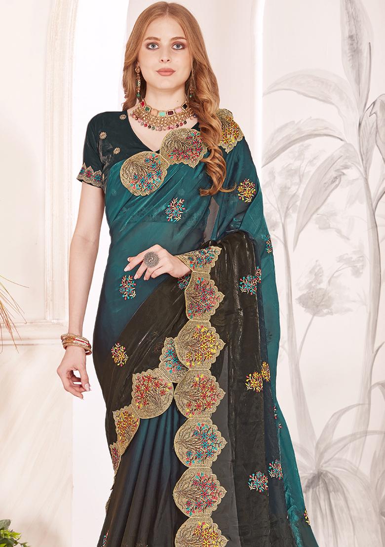 Turquoise Sequence Work Silk Saree Set - Indya